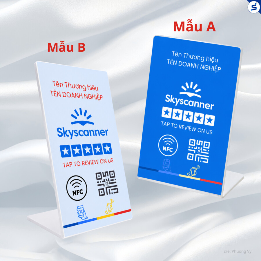 Bảng đánh giá Skyscanner NFC & QR – Mẫu A và Mẫu B Bảng đánh giá Skyscanner NFC QR code tăng đánh giá 5 sao Mẫu A và Mẫu B